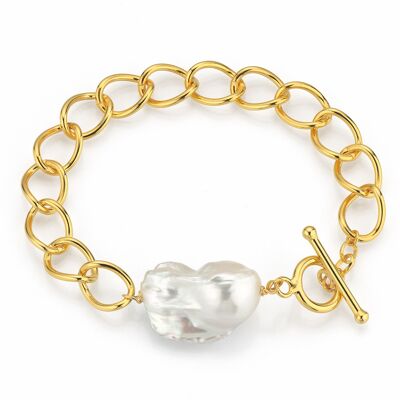 Pulsera de perlas cadena de eslabones plata chapada en oro - blanco barroco de agua dulce