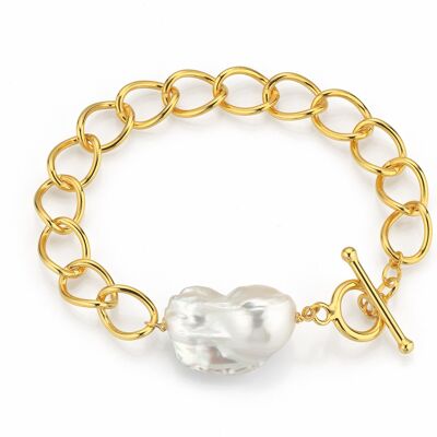 Bracelet perle chaîne à maillons argent plaqué or - blanc baroque d'eau douce