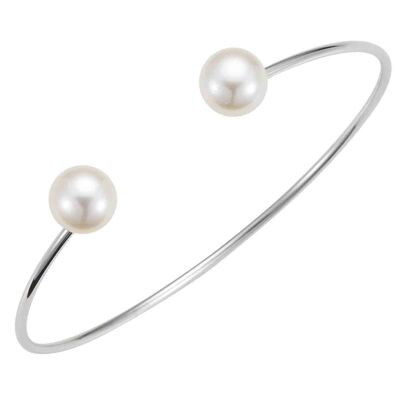 Bracciale rigido aperto con 2 perle in argento rodiato - bottone d'acqua dolce bianco