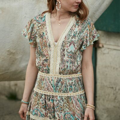 Long V-neck dress with lace, bohemian print with gilding effect