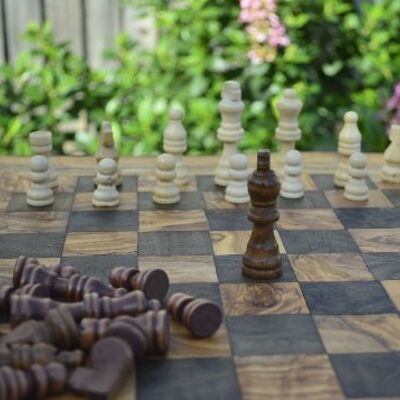 A perfect gift - Handmade Chess Board with pieces-RUSTIC OLIVE WOOD-Decorative, beautifully detailed-unique piece of art - Appleyard & Crowe