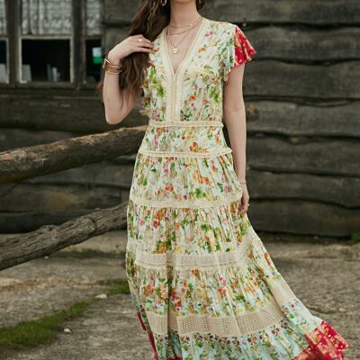 Vestido largo escote pico con encaje, estampado bohemio con efecto dorado