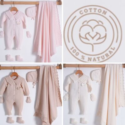 Ensemble vintage en coton biologique pour bébé fille de 0 à 3 mois, tricot avec col en dentelle