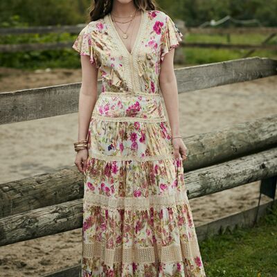 Long V-neck dress with lace, bohemian print with gilding effect