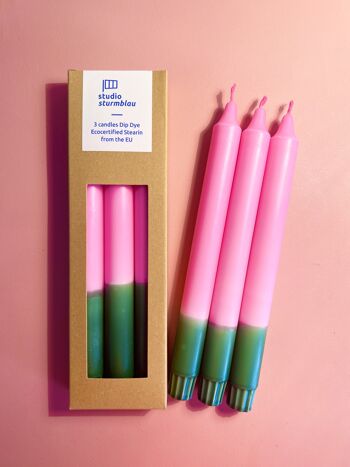 3 grandes bougies bâton Dip Dye Stearin en rose*vert foncé dans l'emballage 1