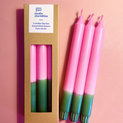 3 grandes bougies bâton Dip Dye Stearin en rose*vert foncé dans l'emballage