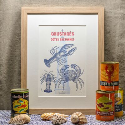 Letterpress Crustaceans from the Côtes Bretonnes poster, A4, sea, summer, fish, Brittany, vintage, blue, red