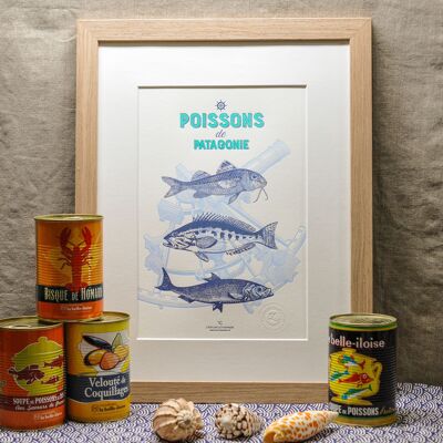 Letterpress Poster Fishes of Patagonia, A4, Meer, Sommer, Vintage, blau, türkis