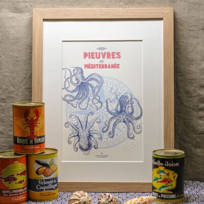 Poster di Mediterranean Octopus Letterpress, A4, mare, estate, pesce, vintage, blu, rosso