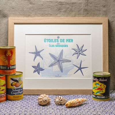 Greek Islands Starfish Letterpress Poster, A4, summer, fish, vintage, blue, turquoise