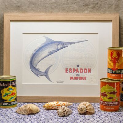 Cartel de tipografía de pez espada del Pacífico, A4, mar, verano, pescado, vintage, azul, rojo