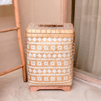 Cesto decorativo cesto de ropa con tapa DARI hecho de bambú, tejido a mano con un patrón de zigzag beige y blanco