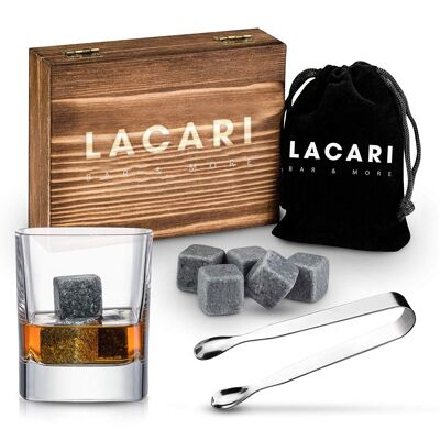 Set di pietre da whisky - Lacari - Confezione da 9 - Granito naturale con pinze e custodia - Edizione di lusso