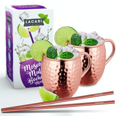 LACARI Moscow Mule Becher Set - 2x Kupferbecher + 2x Strohhalme, 470ml Fassungsvolumen, ideal für Cocktails, Bar und Küche