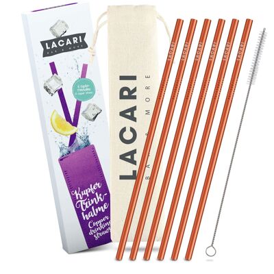 Sustainable copper drinking straws, reusable, dishwasher safe, including cleaning brush - Lacari