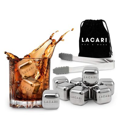 Reusable Ice Cubes | 8x stainless steel ice cubes | Lacari ORIGINAL reusable whiskey stones with tongs & cloth pouch