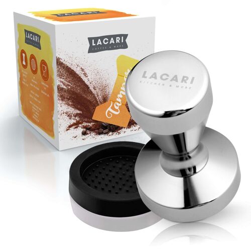 LACARI Kaffee Tamper | Espresso Tamper 51mm Silber | Edelstahl Coffee Tamper mit Silikonmatte für Siebträger | Hochwertige Kaffeepresse für Siebträgermaschine | Espresso Stempel für Barista