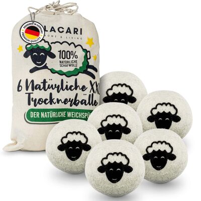 LACARI Dryer Balls - [6X] XXL Dryer Balls for Tumble Dryers - 100% Hypoallergenic Sheep's Wool - Faster Drying - Dryer Balls for Soft Laundry