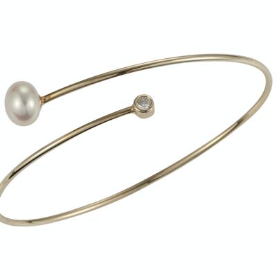 Bracelet de perles en forme de spirale en argent plaqué or jaune avec zircone - bouton d'eau douce blanc