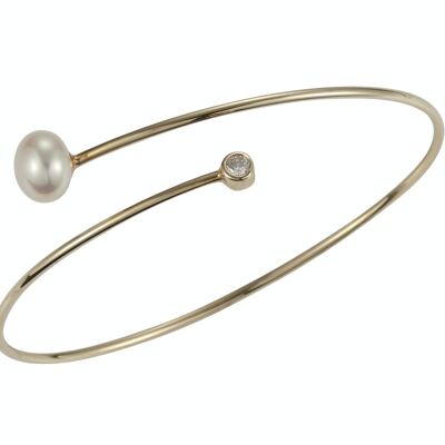 Bracelet de perles en forme de spirale en argent plaqué or jaune avec zircone - bouton d'eau douce blanc
