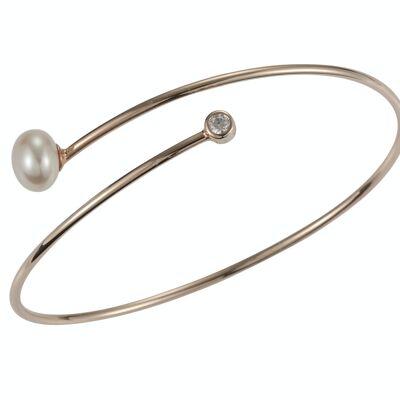 Bracelet de perles en forme de spirale en argent plaqué or rose, avec zircone - bouton d'eau douce blanc