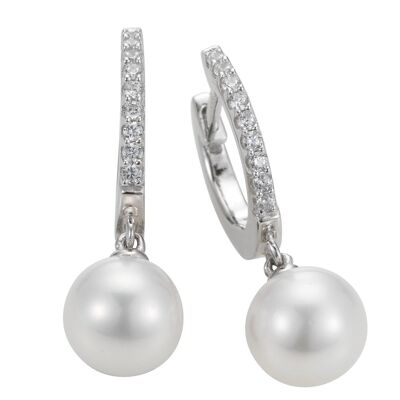 Pearl hoops with zirconia silver rhodium-plated - freshwater round white