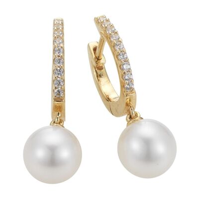 Pearl hoops with zirconia silver yellow gold plated - freshwater round white