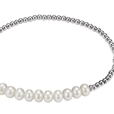 Bracelet perle en argent avec plusieurs perles plaquées rhodium - blanc rond d'eau douce