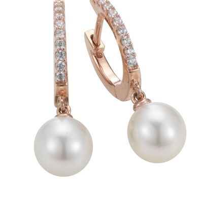 Creoli di perle con zirconi argento placcato oro rosa - d'acqua dolce rotondo bianco