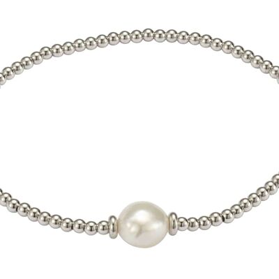Pulsera de bolas de plata con perla rodiada - blanco barroco de agua dulce