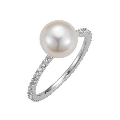 Classico anello di perle con zirconi d'argento - tondo d'acqua dolce bianco