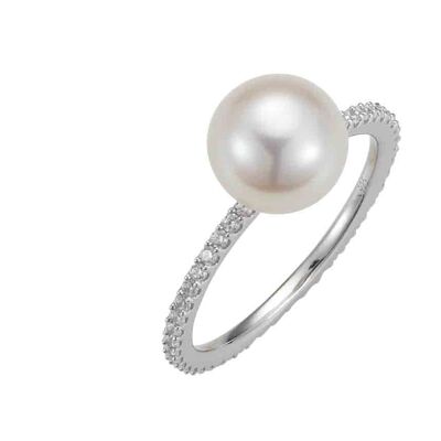 Bague perle classique avec zircone argent - blanc rond d'eau douce