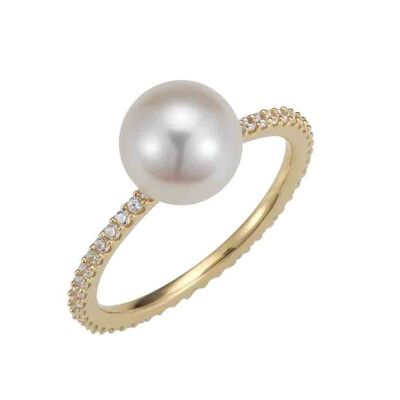 Classico anello di perle con zirconi in argento placcato oro - tondo d'acqua dolce bianco