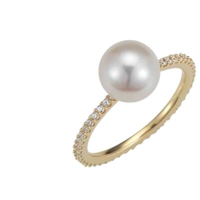 Bague perle classique avec zircone argent plaqué or - blanc rond d'eau douce