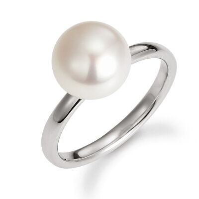 Anello classico con perla in argento rodiato - bottone d'acqua dolce bianco