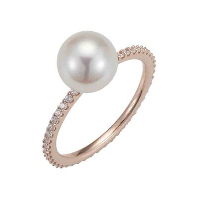 Bague perle classique avec zircone argent plaqué or rose - blanc rond d'eau douce