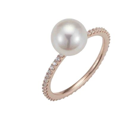 Bague perle classique avec zircone argent plaqué or rose - blanc rond d'eau douce