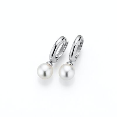 Boucles d'Oreilles Créoles Perles Classiques Argent Plaqué Rhodium - Rond d'Eau Douce Blanc