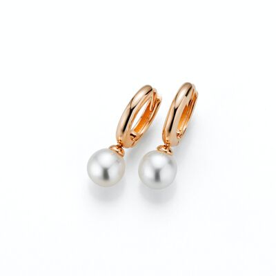 Pendientes de aro de perlas clásicas de plata con baño de oro rosa - agua dulce redondas blancas