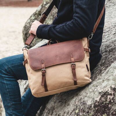 Gaspard canvas messenger bag and backpack with sand cowhide leather