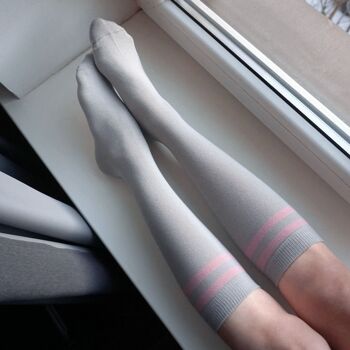 Chaussettes Genoux Femme >>Deux Bandes : Rose et Crème<< 5