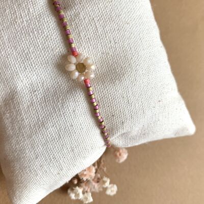 Bracelet Marguerite - Olive et prune + fleur écru