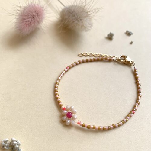 Bracelet Marguerite - Ocre et rose poudré + fleur écru