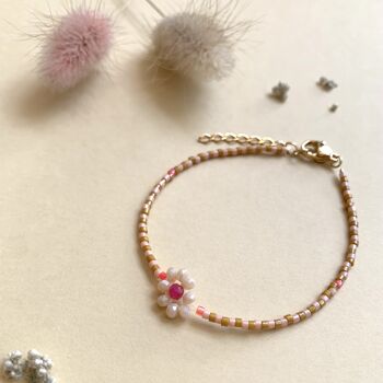 Bracelet Marguerite - Ocre et rose poudré + fleur écru 1