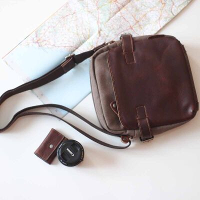 Hugo canvas messenger bag with brown cowhide leather trim