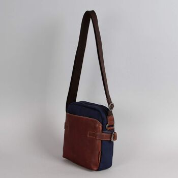 Sac besace Hugo toile garnie cuir vachette bleu 2