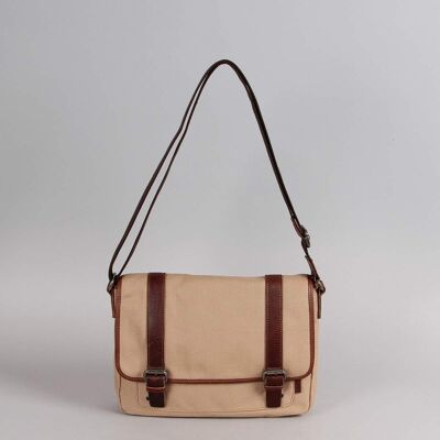 Alex canvas messenger bag with sand cowhide leather