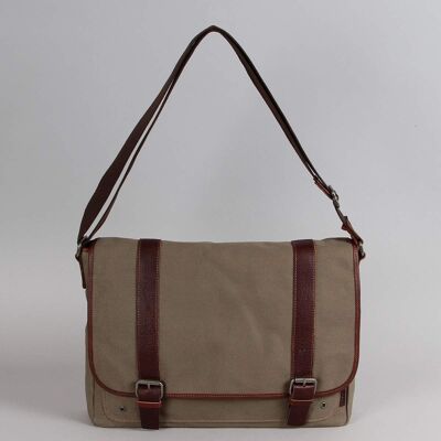 Alexandre canvas messenger bag trimmed with khaki cowhide leather