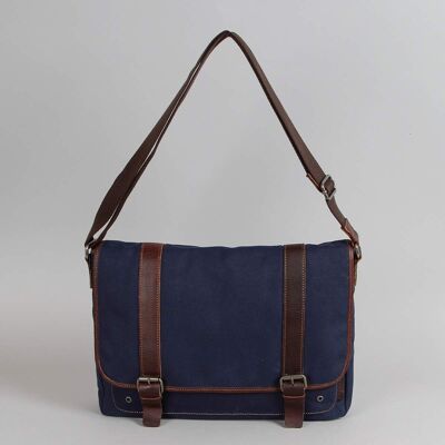 Alexandre canvas messenger bag trimmed with blue cowhide leather