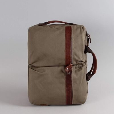 Computer satchel and backpack Olivier canvas trimmed with khaki cowhide leather